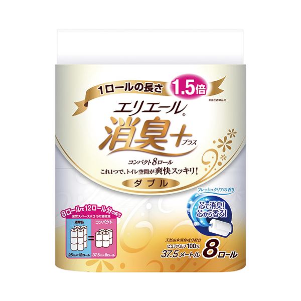 （まとめ）大王製紙 エリエール消臭+トイレットティシュー コンパクト ダブル 芯あり 37.5m 1パック（8ロール）【×10セット】