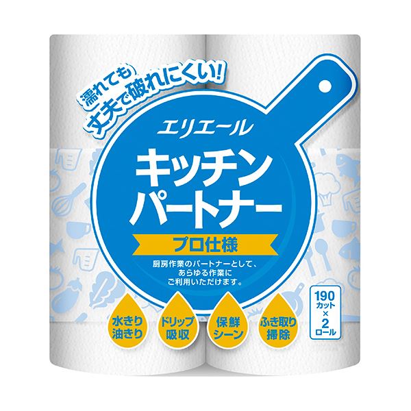 （まとめ）大王製紙 エリエール キッチンパートナープロ仕様 190カット/ロール 1パック（2ロール）【×20セット】