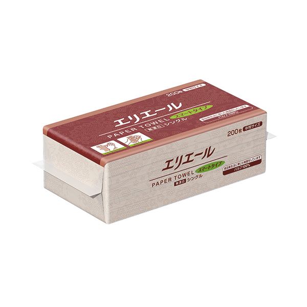 （まとめ）大王製紙 エリエールペーパータオルスマートタイプ 無漂白シングル 中判 200枚 1パック【×30セット】