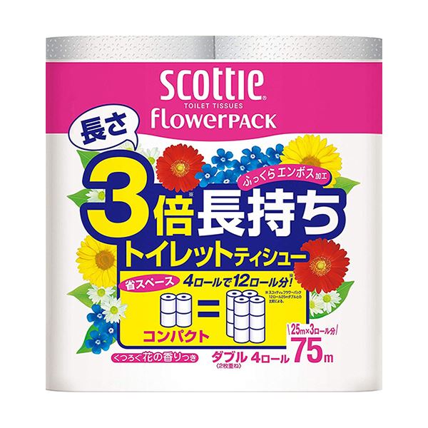 日本製紙クレシア スコッティ フラワーパック 3倍長持ち ダブル 芯あり 75m 1セット（48ロール：4ロール×12パック）