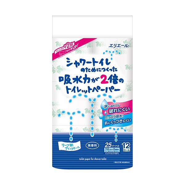 大王製紙 エリエール シャワートイレのためにつくった吸水力が2倍のトイレットペーパー ダブル 芯あり 25m 無香料 1セット（72ロール：12ロール×6パック）