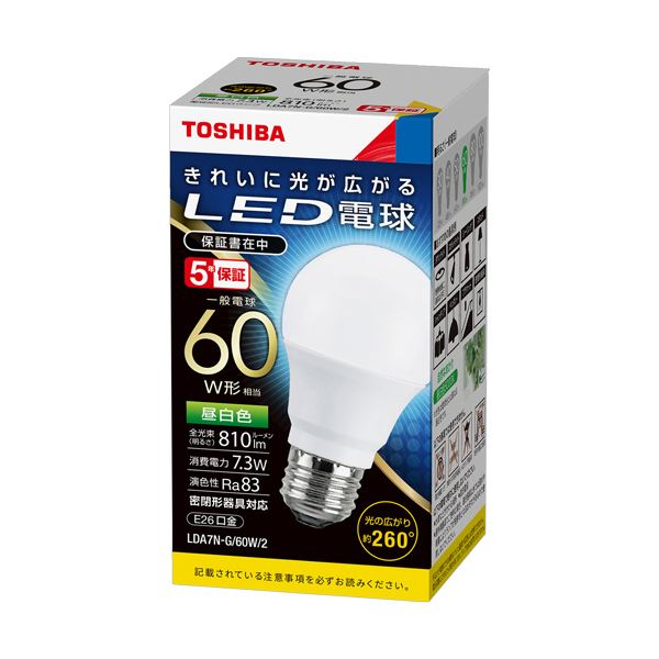 （まとめ）東芝ライテック LED電球 一般電球形 E26口金 7.3W 昼白色 LDA7N-G/60W/2 1個 【×3セット】