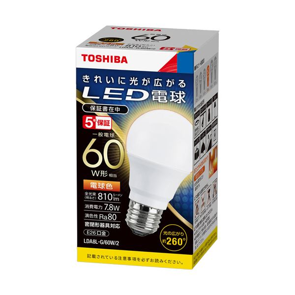 （まとめ）東芝ライテック LED電球 一般電球形 E26口金 7.8W 電球色 LDA8L-G/60W/2 1個 【×3セット】