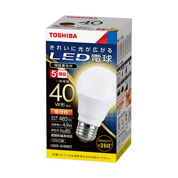 （まとめ）東芝ライテック LED電球 一般電球形 E26口金 4.9W 電球色 LDA5L-G/40W/2 1個 【×5セット】