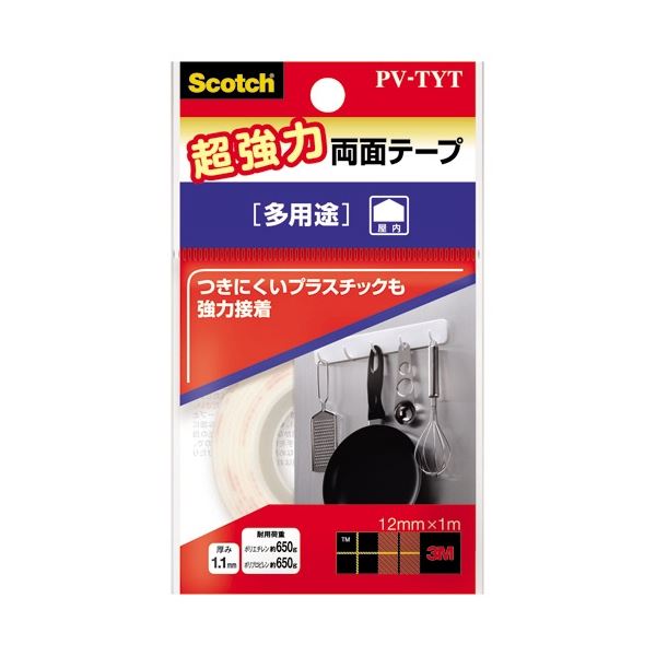 (まとめ) 3M スコッチ 超強力両面テープ 多用途12mm×1m ホワイト PV-TYT 1巻 【×5セット】