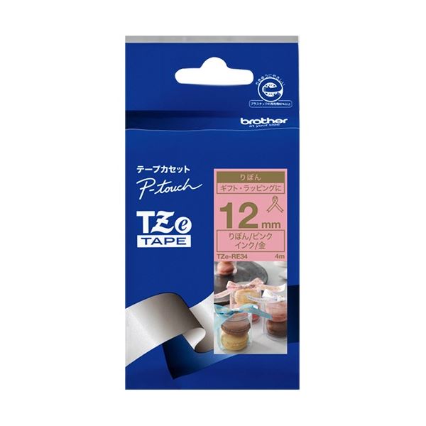 (まとめ) ブラザー ピータッチ TZeテープ リボンテープ 12mm ピンク/金文字 TZE-RE34 1個 【×5セット】