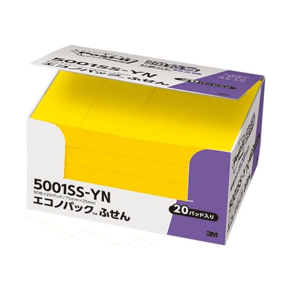 (まとめ) 3M ポスト・イット エコノパック 強粘着ふせん 75×25mm ビビットイエロー 5001SS-YN 1パック(20冊) 【×3セット】