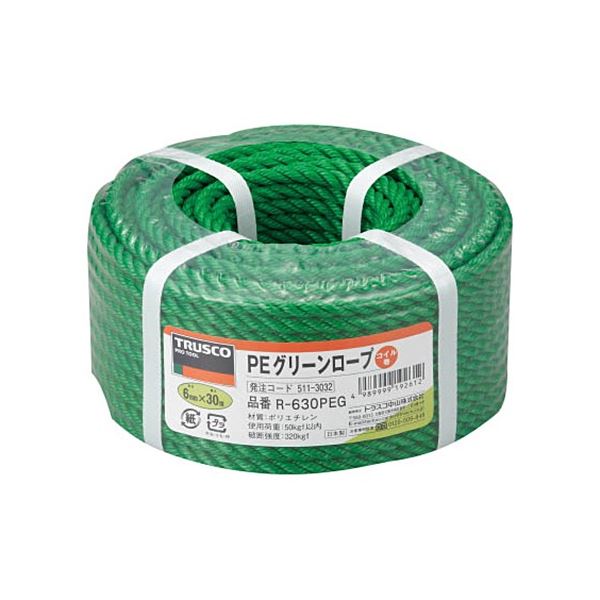 (まとめ) TRUSCO PEグリーンロープ 6mm×30m コイル巻 R-630PEG 1巻 【×5セット】