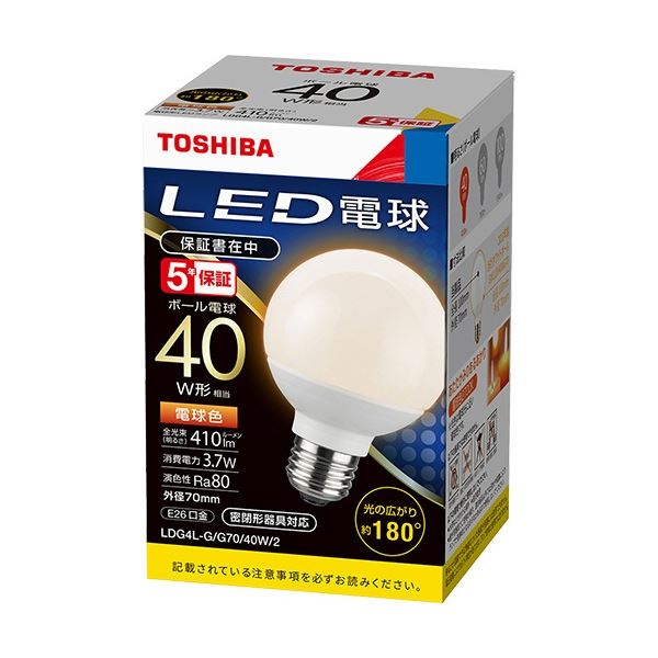 (まとめ) 東芝ライテック LED電球 ボール電球形 E26口金 3.7W 電球色 LDG4L-G/G70/40W/2 1個 【×3セット】