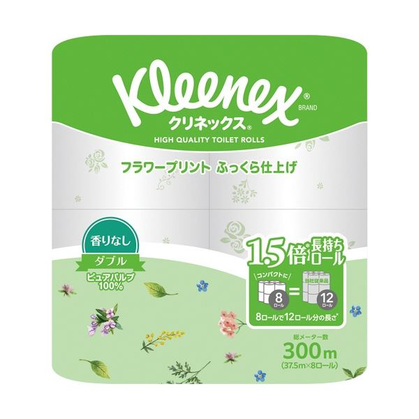 (まとめ) 日本製紙クレシア クリネックス コンパクト フラワープリント ダブル 芯あり 37.5m 1パック(8ロール) 【×5セット】