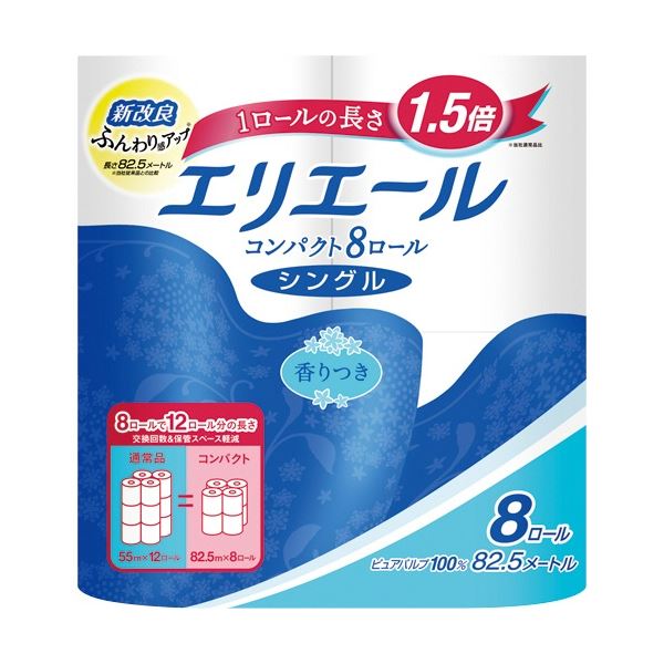 (まとめ) 大王製紙 エリエール トイレットティシュー コンパクト シングル 芯あり 82.5m 香り付き 1パック(8ロール) 【×20セット】