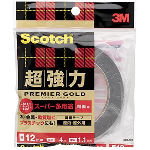 （まとめ）3M スコッチ 超強力両面テーププレミアゴールド （スーパー多用途） 粗面用 12mm×4m SPR-12R 1巻【×3セット】