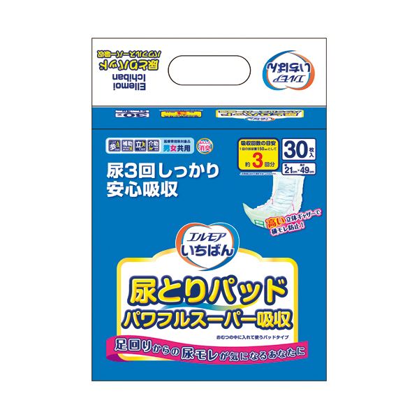 （まとめ）カミ商事 エルモアいちばん 尿とりパッドパワフルスーパー吸収 1パック（30枚）【×3セット】