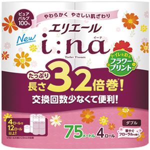 (まとめ)大王製紙 エリエールi:na(イーナ)トイレットティシュー 3.2倍巻 フラワープリント ダブル 芯あり 75m 1パック(4ロール)【×3セット】