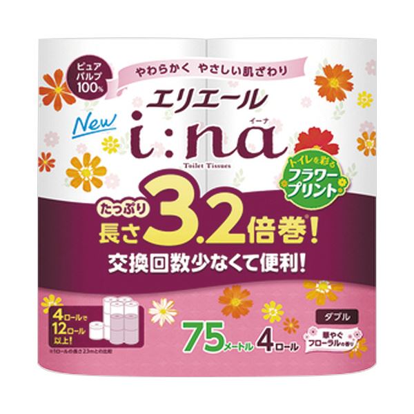 （まとめ）大王製紙 エリエールi：na（イーナ）トイレットティシュー 3.2倍巻 フラワープリント ダブル 芯あり 75m 1パック（4ロール）【×3セット】