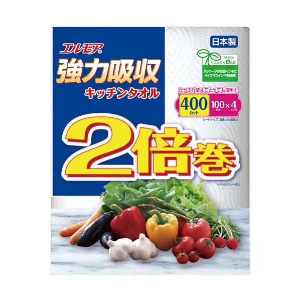 （まとめ） カミ商事 エルモア強力吸収キッチンタオル2倍巻 2枚重ね×100カット 1パック（4ロール） 【×10セット】