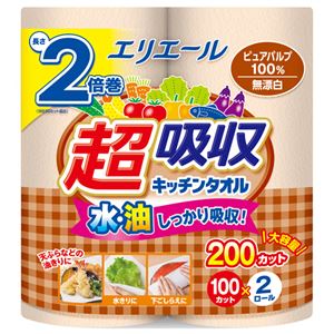 (まとめ) 大王製紙エリエール 超吸収キッチンタオル 無漂白 100カット/ロール 1パック(2ロール) 【×5セット】