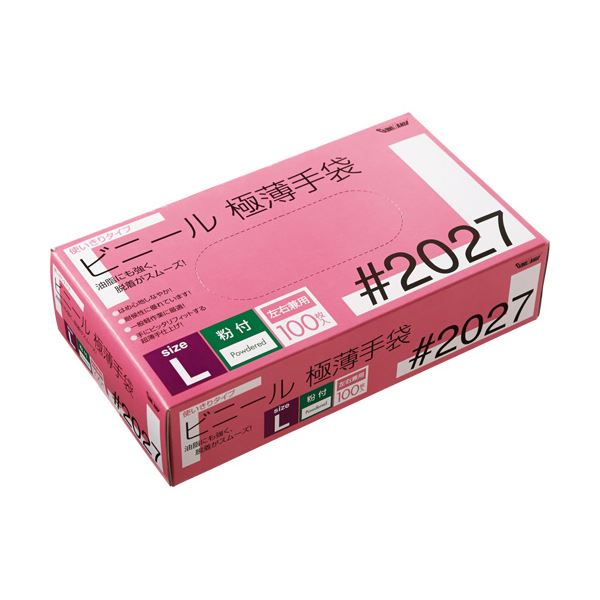 （まとめ） 川西工業ビニール極薄手袋 粉付 L #2027 1箱（100枚） 【×2セット】