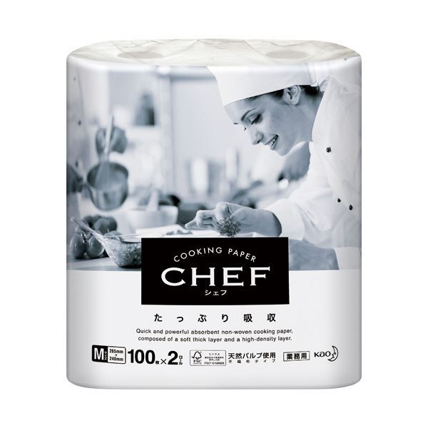 （まとめ） 花王クッキングペーパー CHEF（シェフ） たっぷり吸収 M 100カット／ロール 1パック（2ロール） 【×2セット】