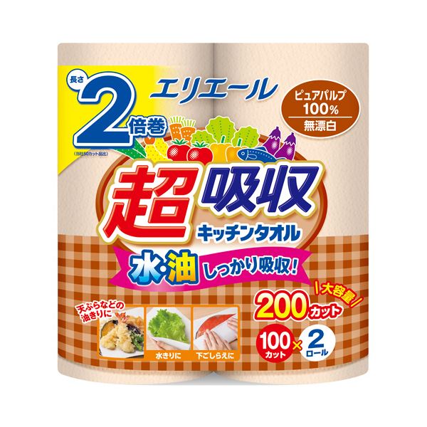 大王製紙エリエール 超吸収キッチンタオル 無漂白 100カット／ロール 1セット（48ロール：2ロール×24パック）