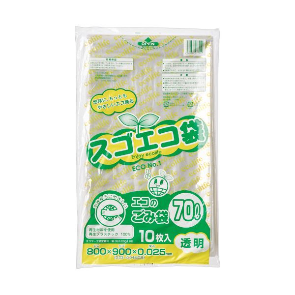 （まとめ） 野添産業スゴエコ袋（再生） 透明 70L 厚さ0.025mm 1パック（10枚） 【×10セット】