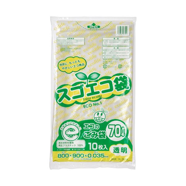 （まとめ） 野添産業スゴエコ袋（再生） 透明 70L 厚さ0.035mm 1パック（10枚） 【×5セット】