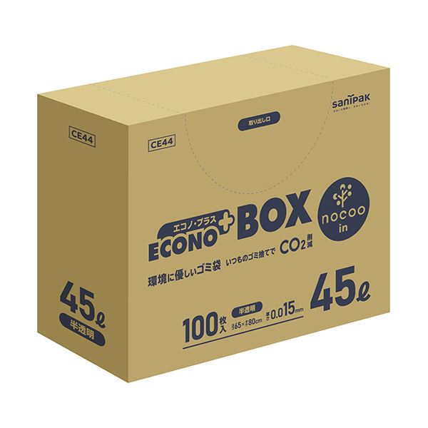 （まとめ） 日本サニパックエコノプラス BOX nocoo in 半透明 45L 0.015mm CE44 1パック（100枚） 【×2セット】