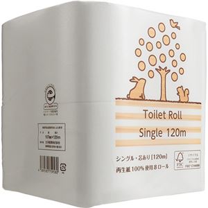 （まとめ） TANOSEEリサイクルトイレットペーパー（2倍巻） シングル 芯あり 120m 1パック（8ロール） 【×3セット】