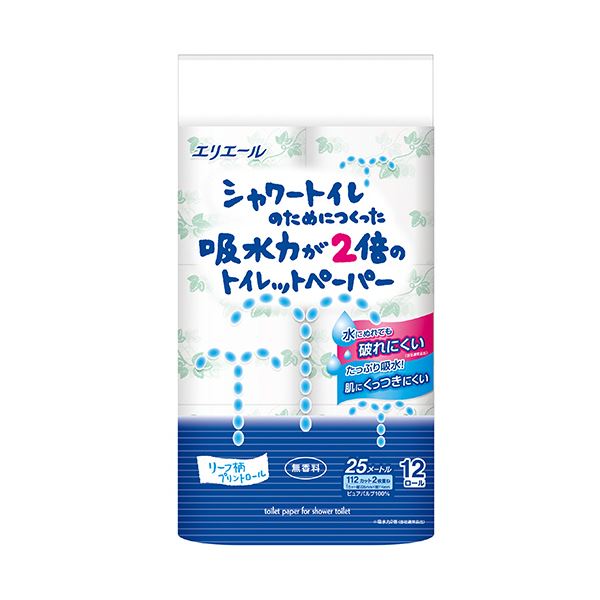 （まとめ） 大王製紙エリエール シャワートイレのためにつくった吸水力が2倍のトイレットペーパー ダブル 芯あり 25m 無香料1パック（12ロール） 【×2セット】