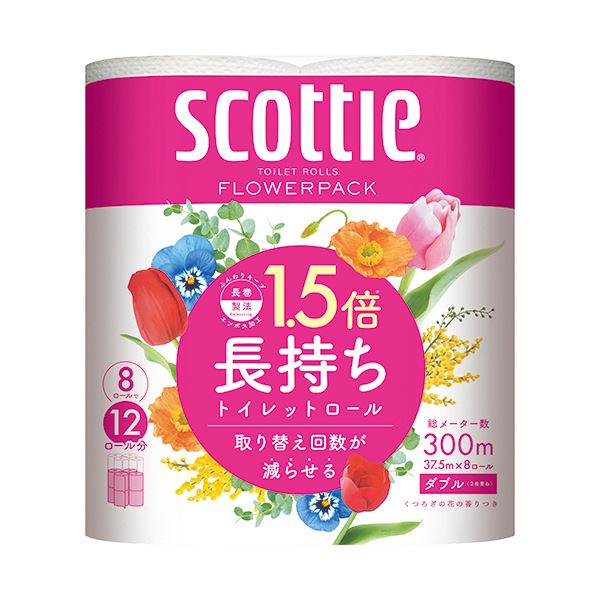 日本製紙クレシアスコッティ フラワーパック 1.5倍長持ち ダブル 芯あり 37.5m 香り付き 1セット（64ロール：8ロール×8パック）