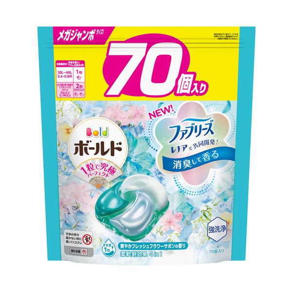 （まとめ） P＆Gボールド ジェルボール 4D 爽やかフレッシュフラワーサボンの香り つめかえ用 メガジャンボサイズ 1パック（70個） 【×3セット】