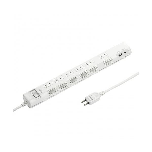 サンワサプライ節電タップ 2P・6個口+Type-C×1／USB-A×1ポート ホワイト 2m TAP-B108UC-2W 1個