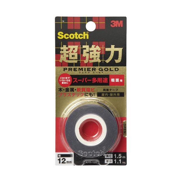 （まとめ） 3M スコッチ超強力両面テープ プレミアゴールド （スーパー多用途） 粗面用 12mm×1.5m KPR-12R 1巻 【×3セット】