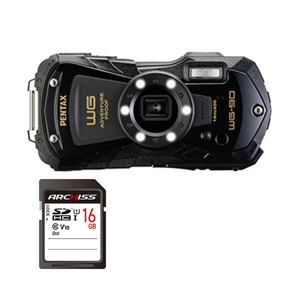 PENTAXデジタルカメラ WG-90 ブラック + 16GB SDHCメモリカード 1セット