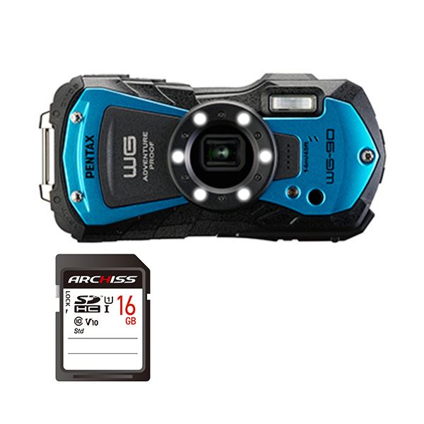 デジタルカメラPENTAX WG-90 BLUE + 16GB SDHCメモリカード 1セット