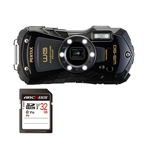 PENTAXデジタルカメラ WG-90 ブラック + 32GB SDHCメモリカード 1セット