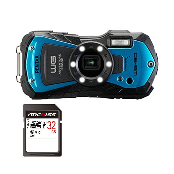 デジタルカメラPENTAX WG-90 BLUE + 32GB SDHCメモリカード 1セット