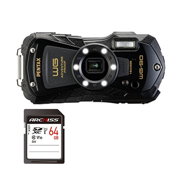 PENTAXデジタルカメラ WG-90 ブラック + 64GB SDXCメモリカード 1セット