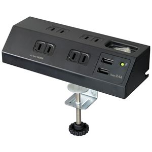 ELPA 集中スイッチ付デスクタップ（外せるクランプ付） 4個口+2ポート 2m ブラック WLS-DS4232SUA（BK） 1個