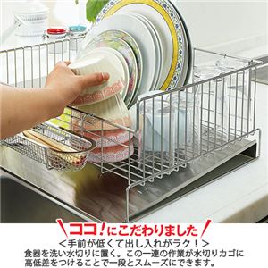 食器の出し入れがしやすい水切りラック 【2: ワイド】 ステンレス製 コップホルダー/水が流れるトレー付き 日本製 商品写真3