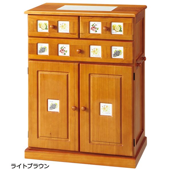 南欧風キッチンカウンター 【幅60cm】 木製(天然木) 引き出し/可動棚/フック/隠しキャスター付き タイル張り天板 ライトブラウン
