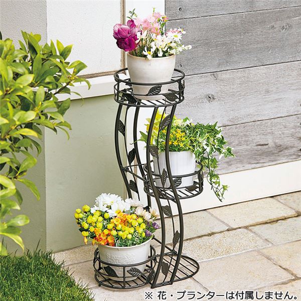 プランタースタンド/フラワースタンド 【3段】 スチール製 高さ55.5cm リーフデザイン 〔ガーデニング 園芸 エクステリア用品〕