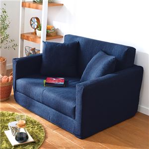 コンパクト ソファーベッド/ローソファー 【ネイビー 1人掛け】 幅約104cm 肘付き ウレタン クッション2個付き 〔リビング〕 - 拡大画像