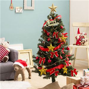 デラックス クリスマスツリーセット 【レッド×ゴールド】 高さ120cm LEDイルミネーション・豪華オーナメント付 組立片付け簡単 - 拡大画像