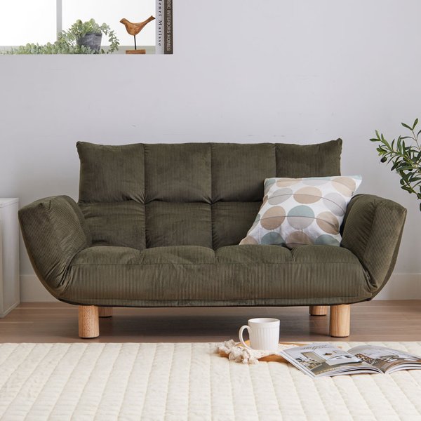 ふかふか カウチソファ コーデュロイカーキ 肘付 コンパクト 脚付 リクライニング フロアソファ ローソファ LIRAKU