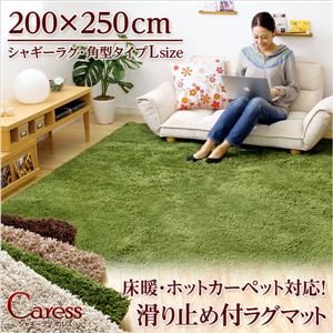シャギーラグマット/絨毯 【Lサイズ/グリーン】 200cm×250cm 『Caress』 滑り止め付き 洗える 床暖房・ホットカーペット対応 - 拡大画像