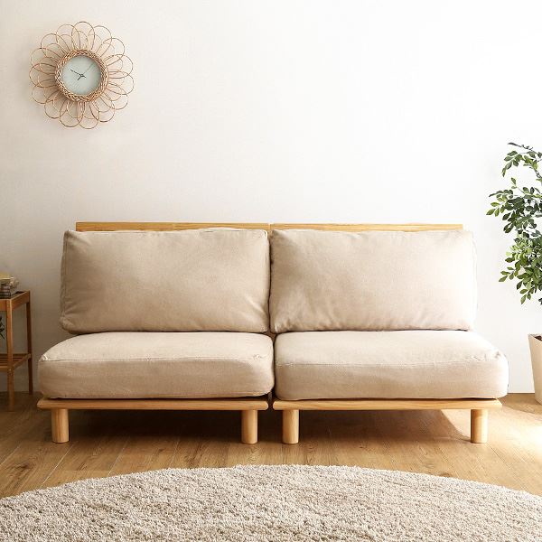 ソファー 約160×80×75cm 2人掛け ナチュラル 木製 脚付き ファブリックローソファ 組立品 リビング ダイニング【代引不可】