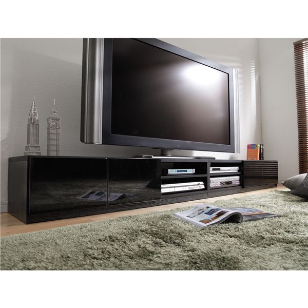 大型ローボード/テレビ台 【幅240cm:46型〜65型対応】 前板鏡面 『ROBIN』 背面収納 隠れキャスター付き スリム ブラック(黒)