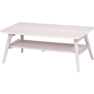 折れ脚テーブル(ローテーブル/折りたたみテーブル) 長方形 幅90cm 木製 収納棚付き ホワイト(白) 商品写真