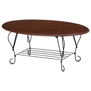 折れ脚テーブル(ローテーブル/折りたたみテーブル) 楕円形/ブラウン 幅80cm スチール×木製 収納棚付き アイアンシリーズ 商品写真